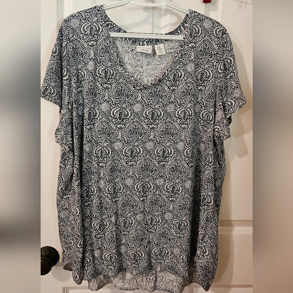Rachel Zoe 2X Blue and White Paisley 100% Linen V-Neck Tee NWOT - Picture 1 of 5